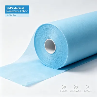 Wholesale Breathable Raw Material Blue SMS Nonwoven Fabric Roll for Surgical Protective Isolation Clothing