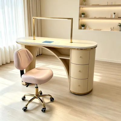 Wholesale Manicure Table with Dust Collector Oval Cream Desk Gold Trim Cylinder Drawers Nail Salon Table Chair LED Lamp OEM