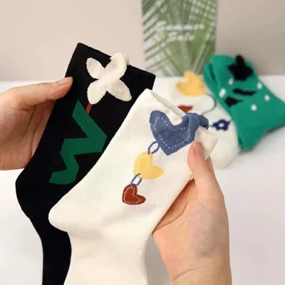 Wholesales Women's Elegant Print Mid Calf Socks Suitable for Spring Summer Ribbed Trim socks
