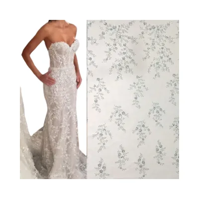 High Quality Shiny Sequins Fabric Small Flower and Leaves Design Lace Embroidery Lace Wedding Dress