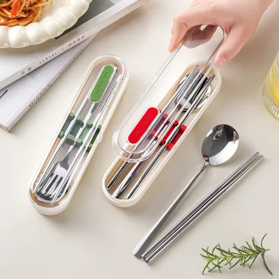 Custom Logo Portable 304 Stainless Steel Cutlery Set Portable Spoon Fork Chopsticks With Box for Camping& School Students