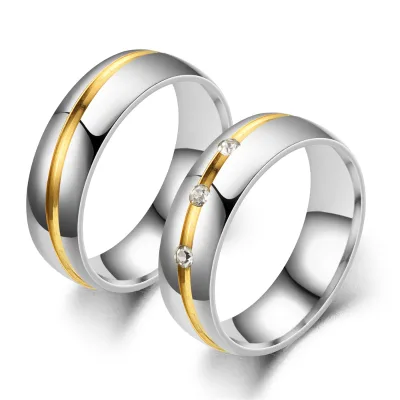 High Polished Gold Silver Plated Titanium Steel Engagement Wedding Rings Couple Gold Micro Diamond Stainless Steel Ring