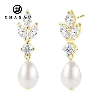 Fashion New Style 7-8mm Tear Drop Freshwater Pearl Flower Element Drop Earrings for Women Gold Plated Brass Dangle Jewelry