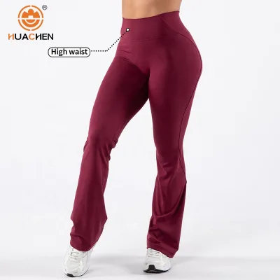 HUACHEN Custom Women Workout Flared Gym Leggings Butt Lifting Fitness Pant High Waist Wide Leg Women Yoga Leggings