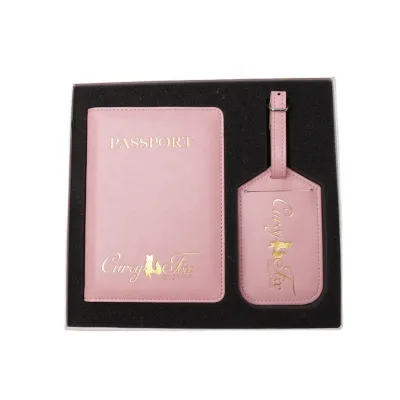 Make Your Own Logo PU Leather Pink Passport Holder and Luggage Tag Gift Set