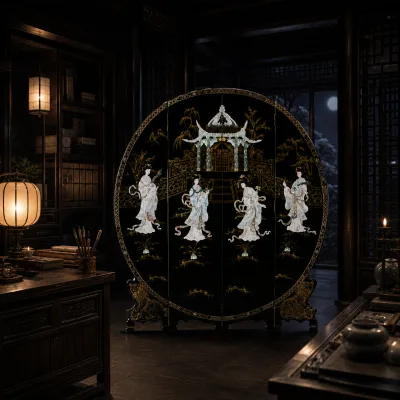 Oriental Vintage Style Handcrafted Black Lacquer Folding Screen MF-P3117B for Home