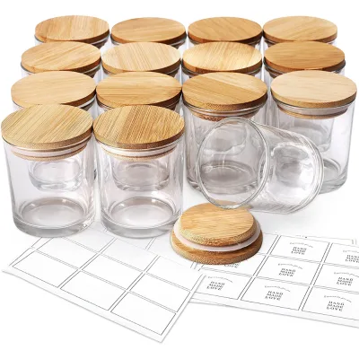 6 OZ Thick Glass Jars with Airtight Bamboo Lids and Sticky Labels, Clear Empty Candle Jars for Making Candles, Spice Jars