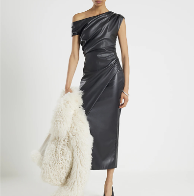 Hot Sale Women's Black One Shoulder Faux Leather Midi Dress Ruched Bodycon Elegant Dress for Party Evening Cocktail Wear