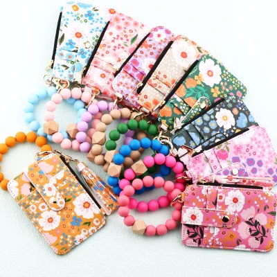 INS Trendy Colored Flower Painted Credit Card Wallet Beaded Wristlet Purse for Women Custom Creative Wristlet Tassel Purse