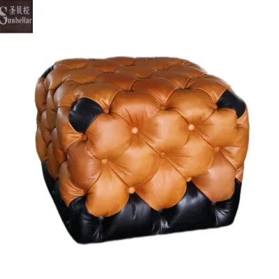 Wholesale High Quality Modern Genuine Leather Tufted Square Ottoman Brown Living Room Bedroom Entry Warehouse Foot Stool Pouf