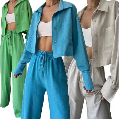 Solid Color Drawstring Pants Suits Two Piece Set Casual Women Long Sleeves Polo Collar Pocket Shirts Sets