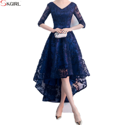 Lace V Neck Half Sleeves Navy Blue High Low Prom Gowns