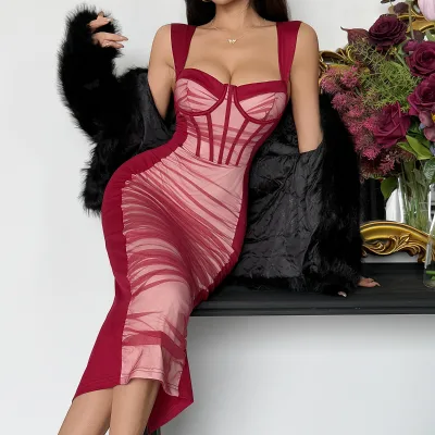 2025 Women's Bodycon Club Dresses Elegant Fashion Patchwork See-through Mesh Feminine Pleated Breathable Natural Hip Skirt