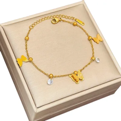 Women's Vintage 18K Gold Plated Stainless Steel Anklet Tarnish-Free Shiny Butterfly Pendant Waterproof Jewelry