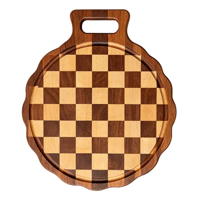 Artisan Premium Wooden Charcuterie Chopping Block Set Checkerboard Scalloped Edge Hanging Handle Juice Groove Serving Party Tray