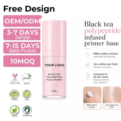 Custom Logo 30ml Black Tea Polypeptide Makeup Primer Milky Watery Texture Turn Transparent Zero White Cast Face Makeup Base