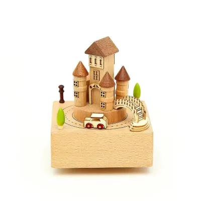 High Quality Wooden Music Box for Souvenir Rotating Magnetic Car Architecture  Montessori Educational Toys