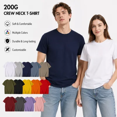 200GSM Cotton Crew Neck T-Shirt Custom Color Unisex Soft Durable Everyday Essential Tee OEM