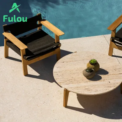 Travertine Top High End Outdoor Furniture Cooffee Table Modern Contemporary Wooden Teak Roof Garden Corner Side Table
