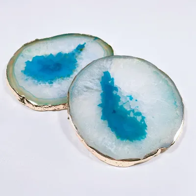 Huiying Factory Wholesale Natural Blue Agate Piece Coffee Geode Cup Coaster Gold Plated Home Decoration Accessories Dish