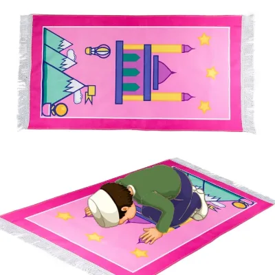 Turkish Muslim Foldable Cartoon Prayer Rug for Kids Perfect Eid Gift polyester for Camping Boys & Girls