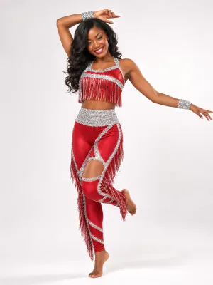 Custom Women Dance Performance Costume Red Fringe Rhinestone Crop Top and Cutout Pants Stage Wear