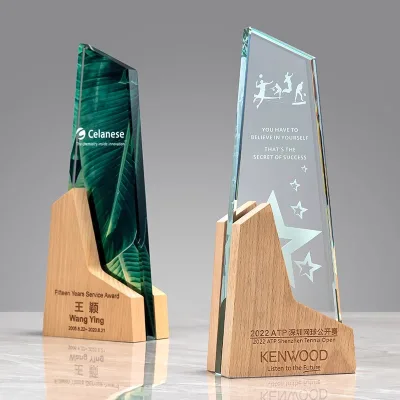 Custom Design Logo Crystal Metal Trophy Competition Crystal Trophy Wooden Base Crystal Trophy