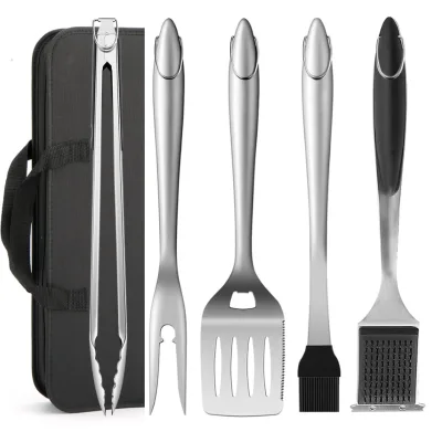 Stainless Steel 5-Piece BBQ Tool Set Outdoor Camping Barbecue Cooking Spatula Fork Tongs & Grill Cleaning Brush