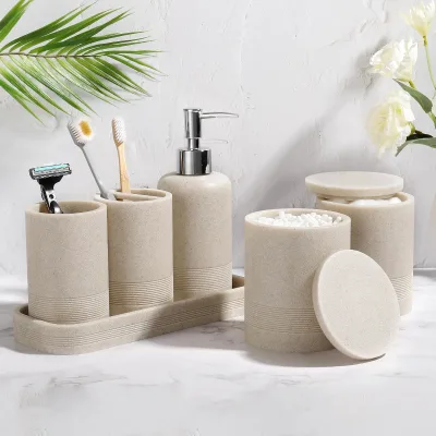 CF Textured Resin 6 Piece Pump Anti Slip Tray Cotton Swab Jar Toothbrush Holder Soap Dispenser Bathroom Accessories Set for Bath