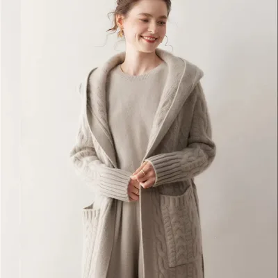Thick Hooded Cashmere Cardigan Belt Knit Long Sweater Relaxed Fit Long Coatigan Women's Casual Eco-Friendly Luxury Coat Spring