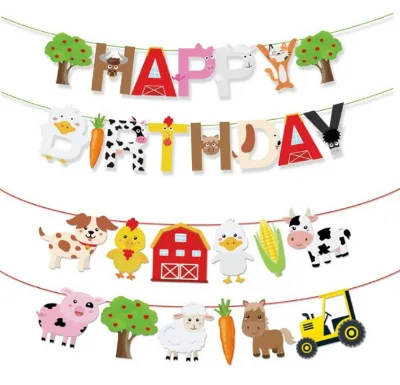 Farm Poultry Cow Pig Chicks Animal Cartoon Happy Birthday Letter Banner and Flag Garland Kids Birthday Party Supplies Decoration