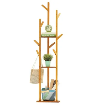 Bamboo Tree Shape Clothes Storage Coat Hat Rack With 3 Tier Storage Shelves