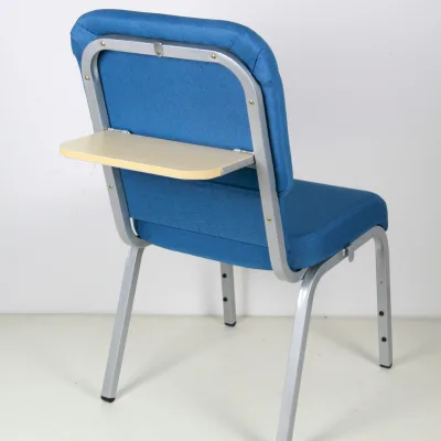 Gray Interlocking Church Chair with Metal Writing Board Tablets Stackable Rental Furniture for School & Worship Theater Seating