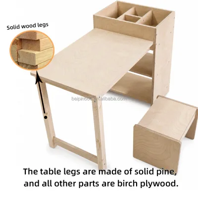 Birch Plywood Children Study Desk with Bookshelf and Stool Montessori Style Wooden Learning Table Writing Station for Kids Room
