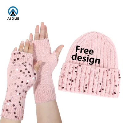 Custom Your Brand Logo Winter Hat Gloves Set Sequin Embellished Rabbit Hair Beanie Gloves