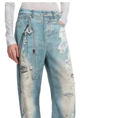 Mens Chain Print Jeans DTG Wide Leg Denim Pants Mud Wash Baggy Splatter Vintage Custom