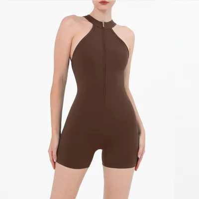 Cross-Border Quick-Drying One-Part Fitness Sports Suit Back Zipper Chest Pad Hip Lifting Features Naked Yoga Jumpsuit