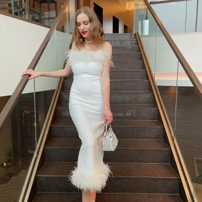 Factory Direct  Luxury Feather Elegent Dresses Sleeveless Evening Party Maxi Dress