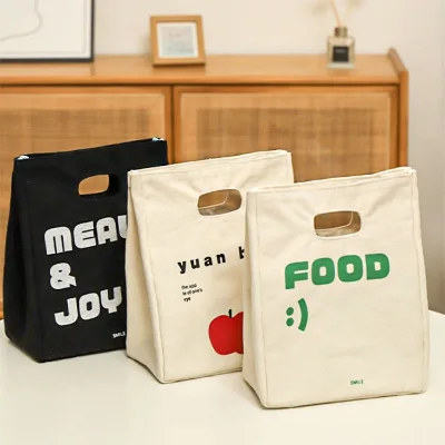 Wholesale Eco Friendly Custom logo Small Cotton Canvas Stylish Thickened Insulated Lunch Tote Cooler Bag for Food Commuting