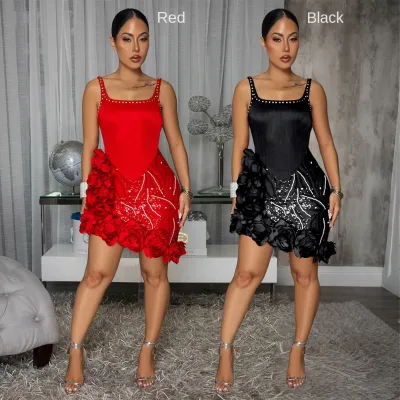 Wholsael European American-style Solid-color Floral Cashmere Beaded Quick Dry Knee Bodycon Dress Womens Summer Clothing