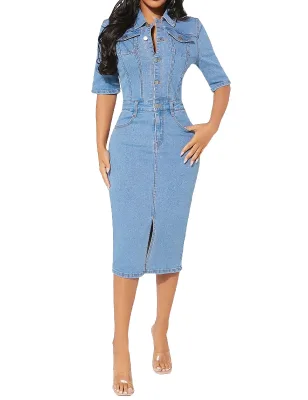 Elegant Vintage Womens Turn-down Collar Half Sleeve Denim Midi Dress Button Front Bodycon Front Slit Stretch Washed Denim Dress