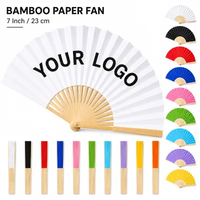 Hot Selling 23 cm Multicolor Custom Printed Logo Handheld Paper Bamboo Fans Folding Wooden Fan Fabric Silk Fan for Wedding Gifts