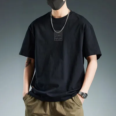 Men Small logo t Shirt Short Sleeve Solid Color Outdoor Casual Loose Fit Tee
