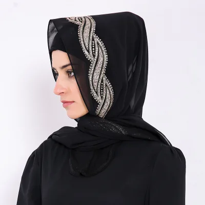 Women Heavy Georgette Scarf Hijab Shawls and Wraps Muslim Premium Solid Plain Handmade Stones Studs Rhinestone Chiffon Hijabs