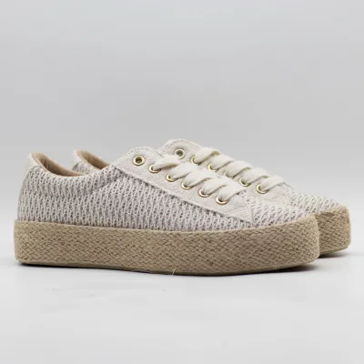 Metallic Shimmer Breathable Knit Mesh Lace-up Sneakers with Jute Woven Platform Sole-Bohemian Summer Casual Footwear for Women