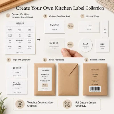 Private Label Nordic Kitchen Organization Stickers Custom Norsk English Word Labels for Drawers Cabinets and Containers