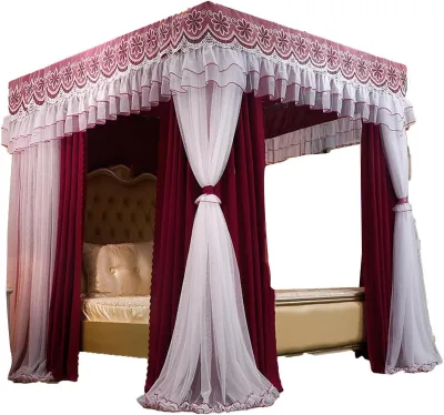 Dark Red Three Doors Double Layered Thickened Romantic Pink Luxurious Royal Palace Style Shading Floor Bed Curtain Mosquito Net