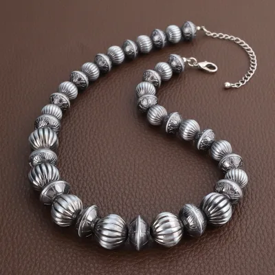 Vintage Antique Silver Plated Fluted Pumpkin Beaded Necklace Graduated Metal Melon Beads Choker Necklace for Women Boho Jewelry