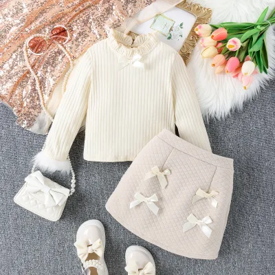 Children's Autumn Winter Two-Piece Set Girls' Lace Collar Pit Mao Mao Cuff Top with Bow Skirt Made Cotton Worsted Fabric