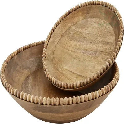 Large Custom Foldable Acacia Wood Fruit Serving Mixer Wooden Beaded Bowl Set Salad Bowl